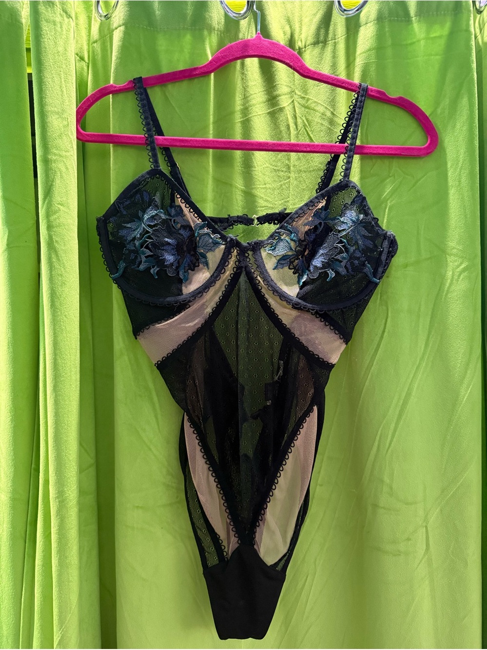 For Love & Lemons Skivvies Floral Appliqué Bodysuit Nude Mesh Cutout Large